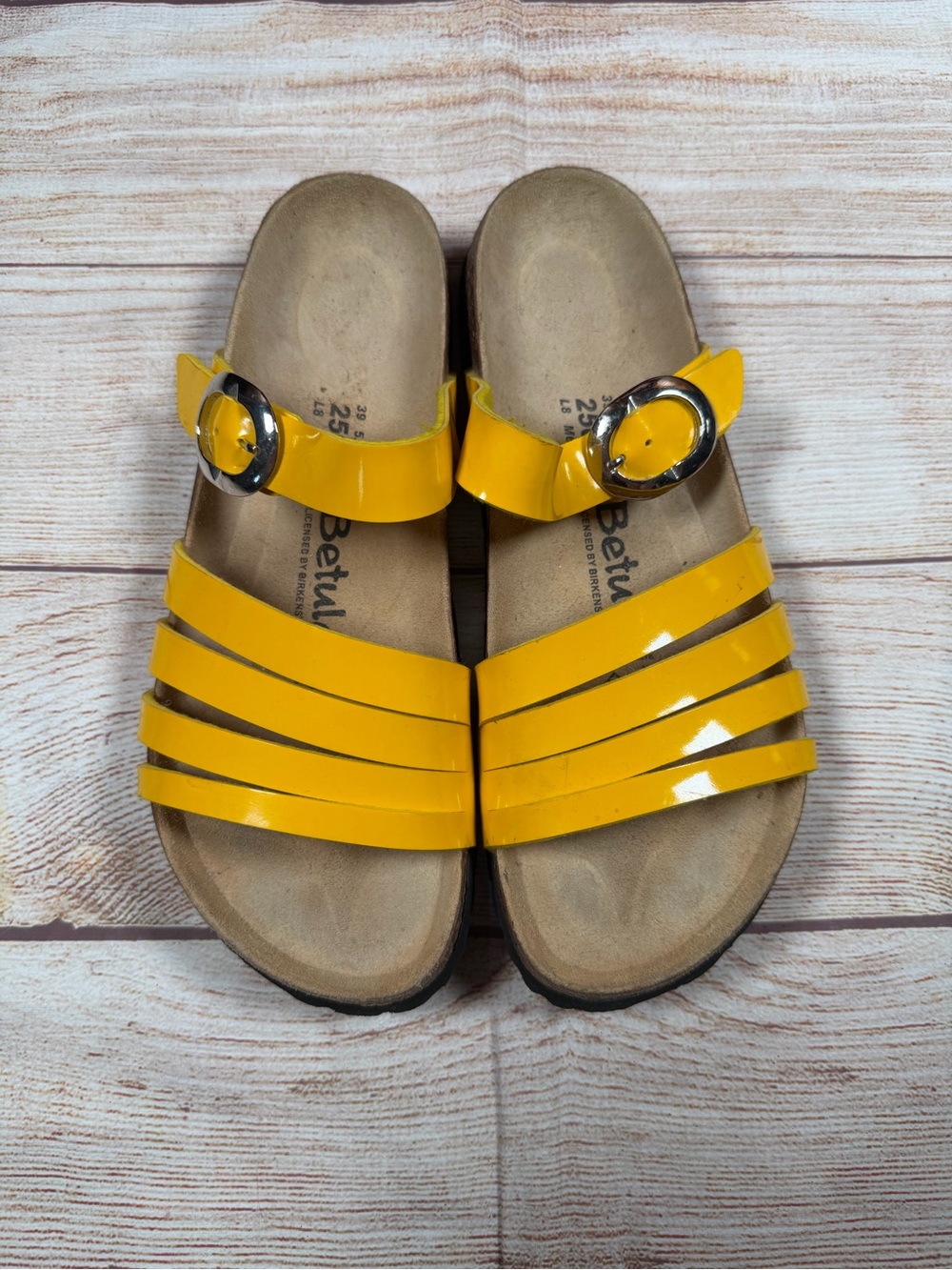 Betula Birkenstock Yellow Patent Strappy Slide Sandals - Picture 2 of 10
